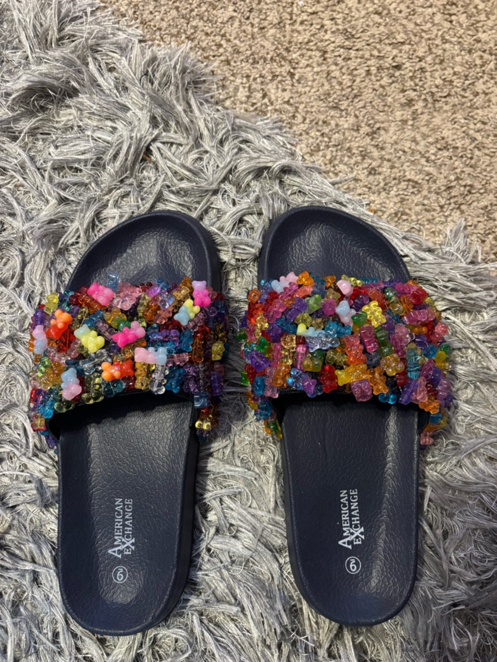 Custom Navy Slide Sandals with Colorful Gummy Bears